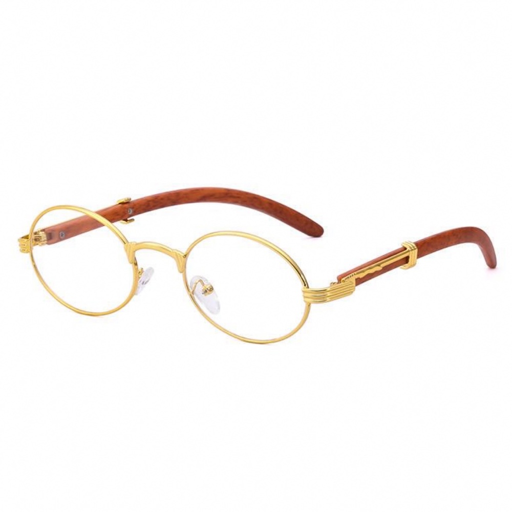 Men's Woodgrain Round Gold Retro Frame Hip Hop Fashion Red Clear Lens Glasses